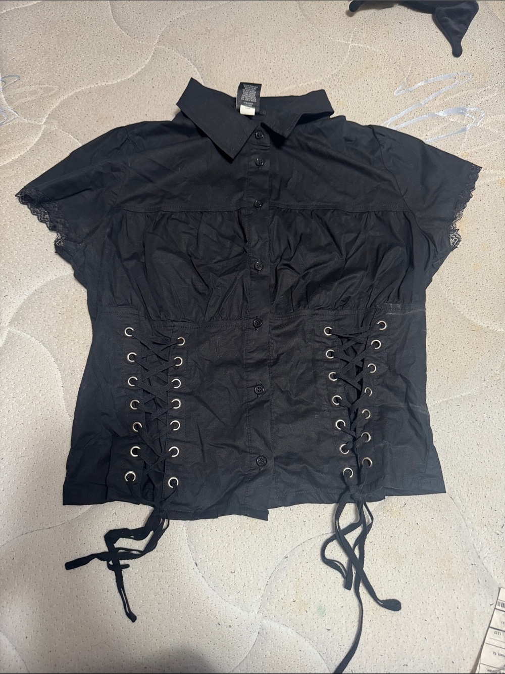 Black Lace-Up Short Sleeve Button-Front Top